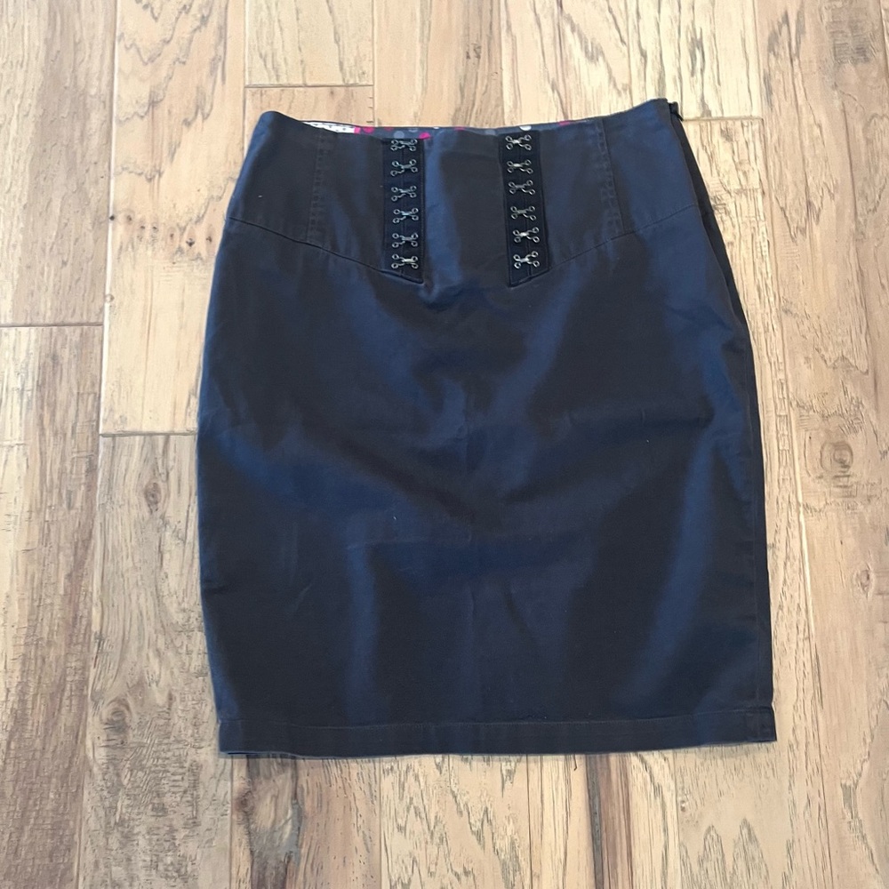 Elevenses from Anthropologie Dark Grey Pencil Skirt with Lace-up Back, size 12